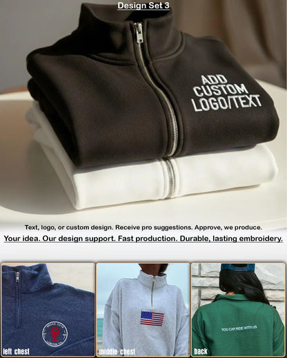 Close-up of custom embroidery on quarter zip sweatshirt