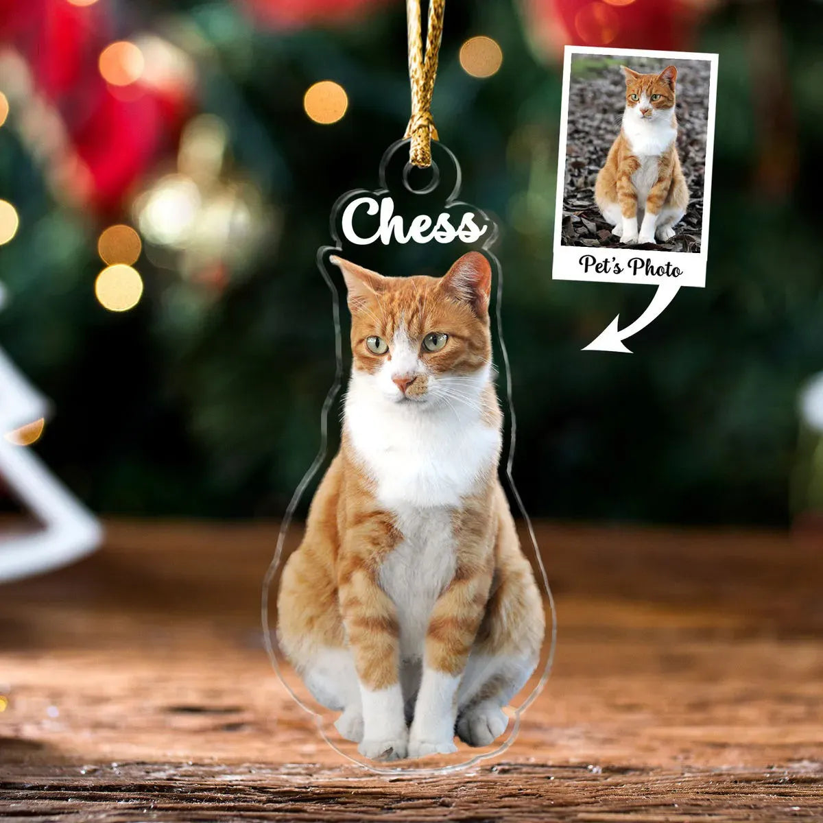 Personalized Christmas ornament featuring an orange and white cat named Chess