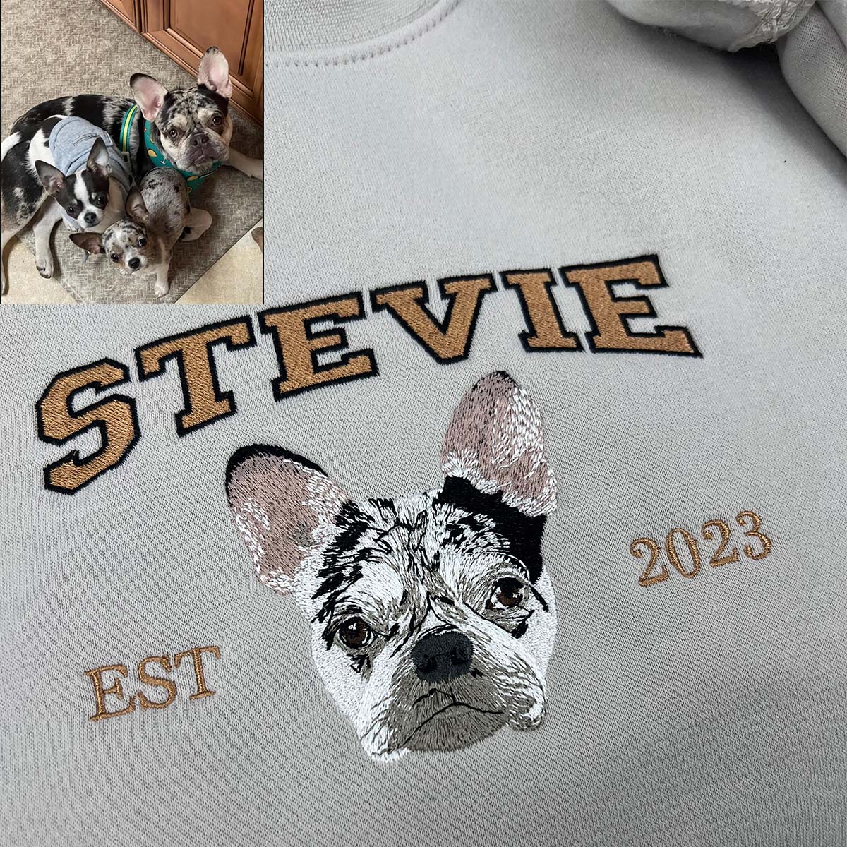 Custom embroidered pet portrait sweatshirt featuring your dog or cat’s face.