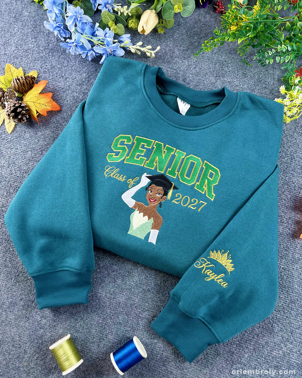 Personalized senior sweatshirt with custom embroidered sleeve name