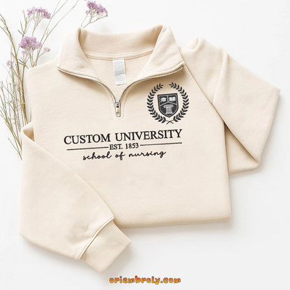Personalized university quarter zip sweatshirt with custom embroidery