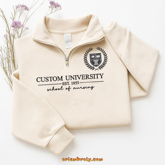 Personalized university quarter zip sweatshirt with custom embroidery