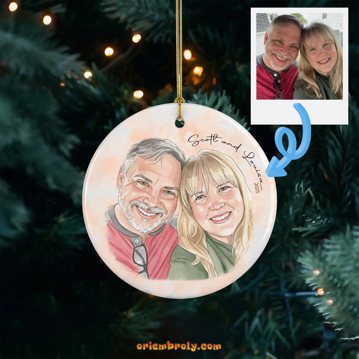 Family photo watercolor ornament keepsake