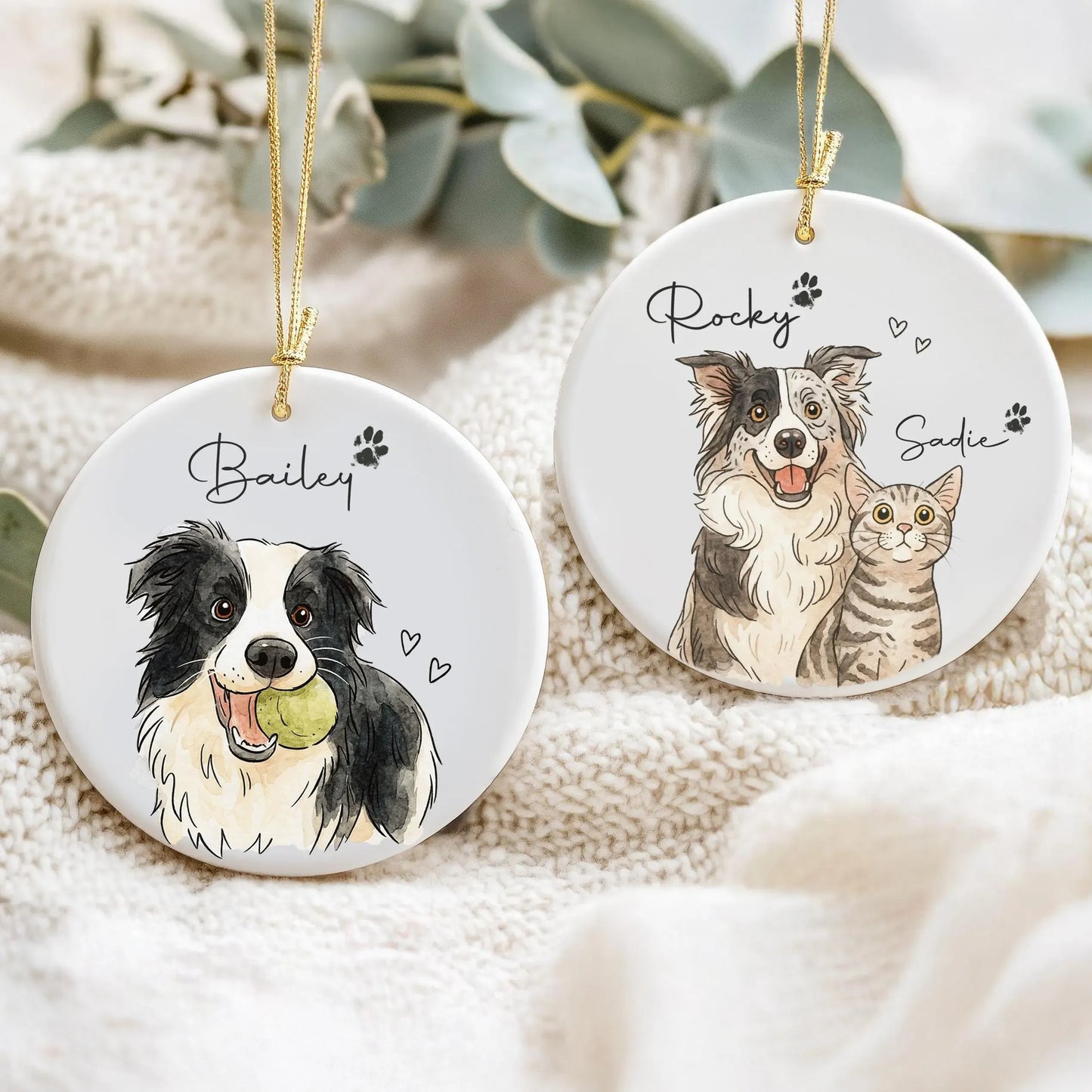 Personalized watercolor pet photo ornament on Christmas tree