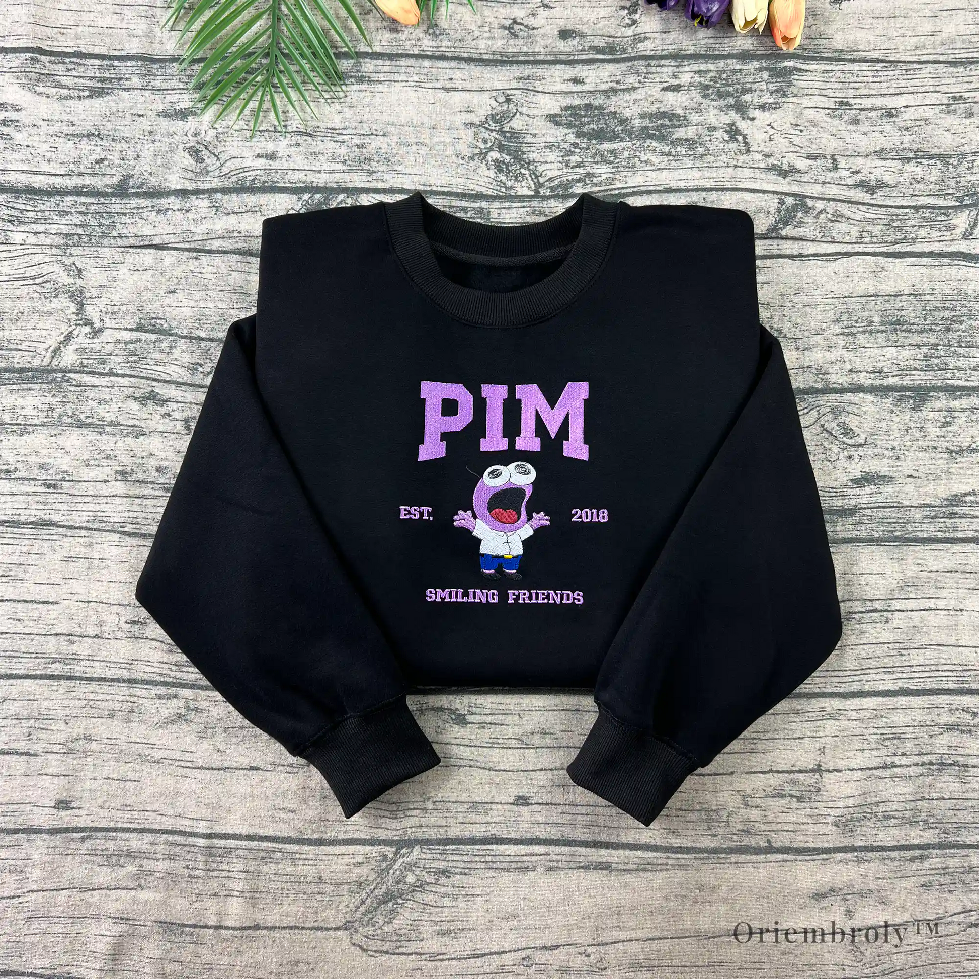 pim inspired embroidered cartoon crewneck sweatshirt front view