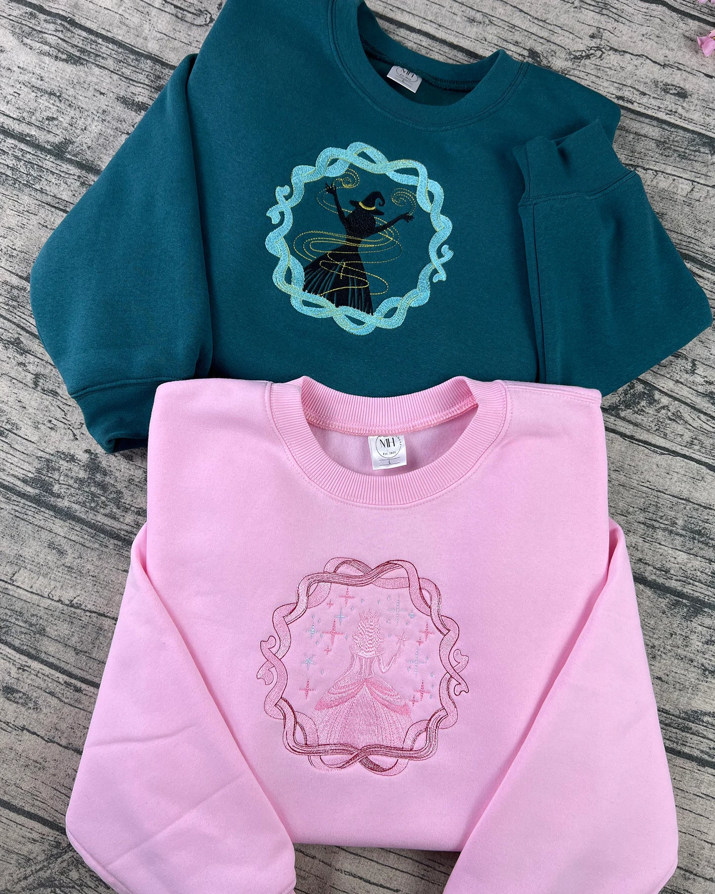 Stylish pink and green couple matching tees on model