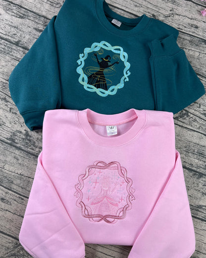 Stylish pink and green couple matching tees on model