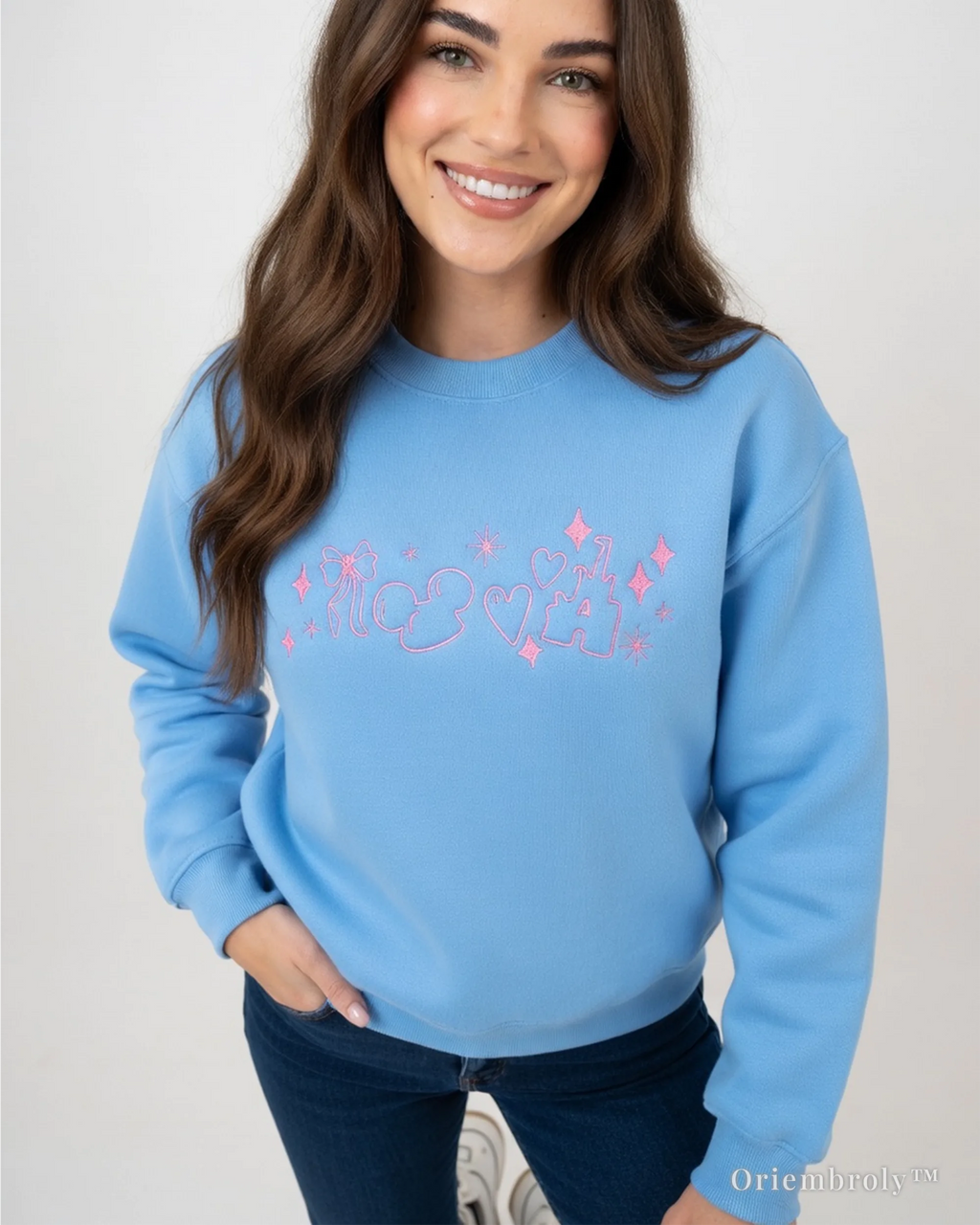 model wearing bubblegum pink satin thread embroidery texture on sweatshirt