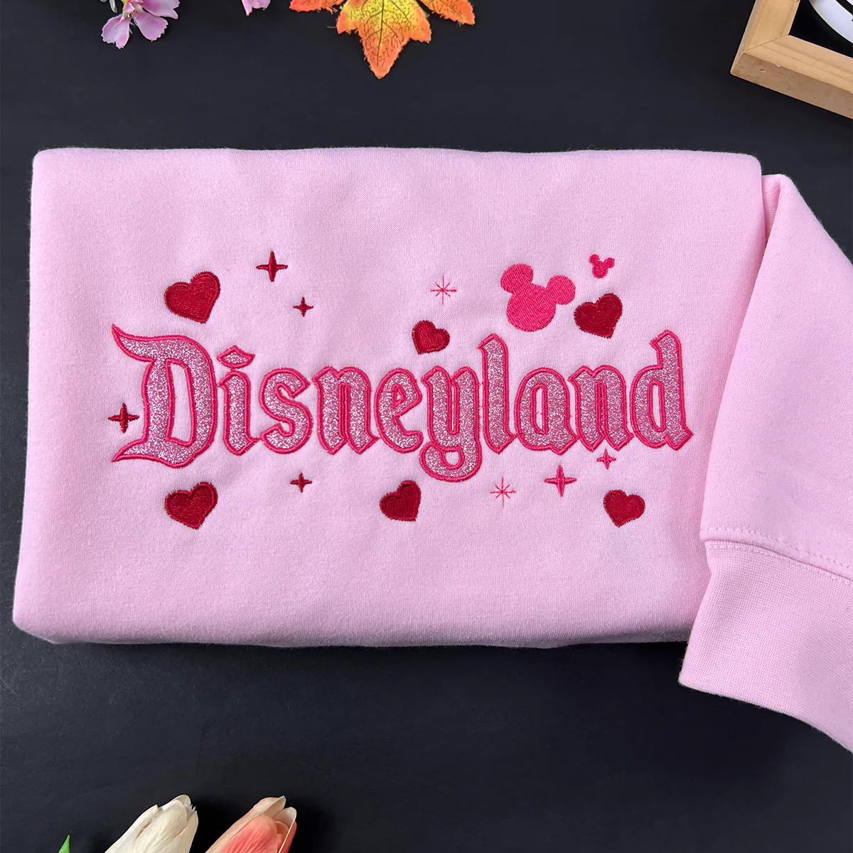 Pink theme park glitter embroidered sweatshirt
