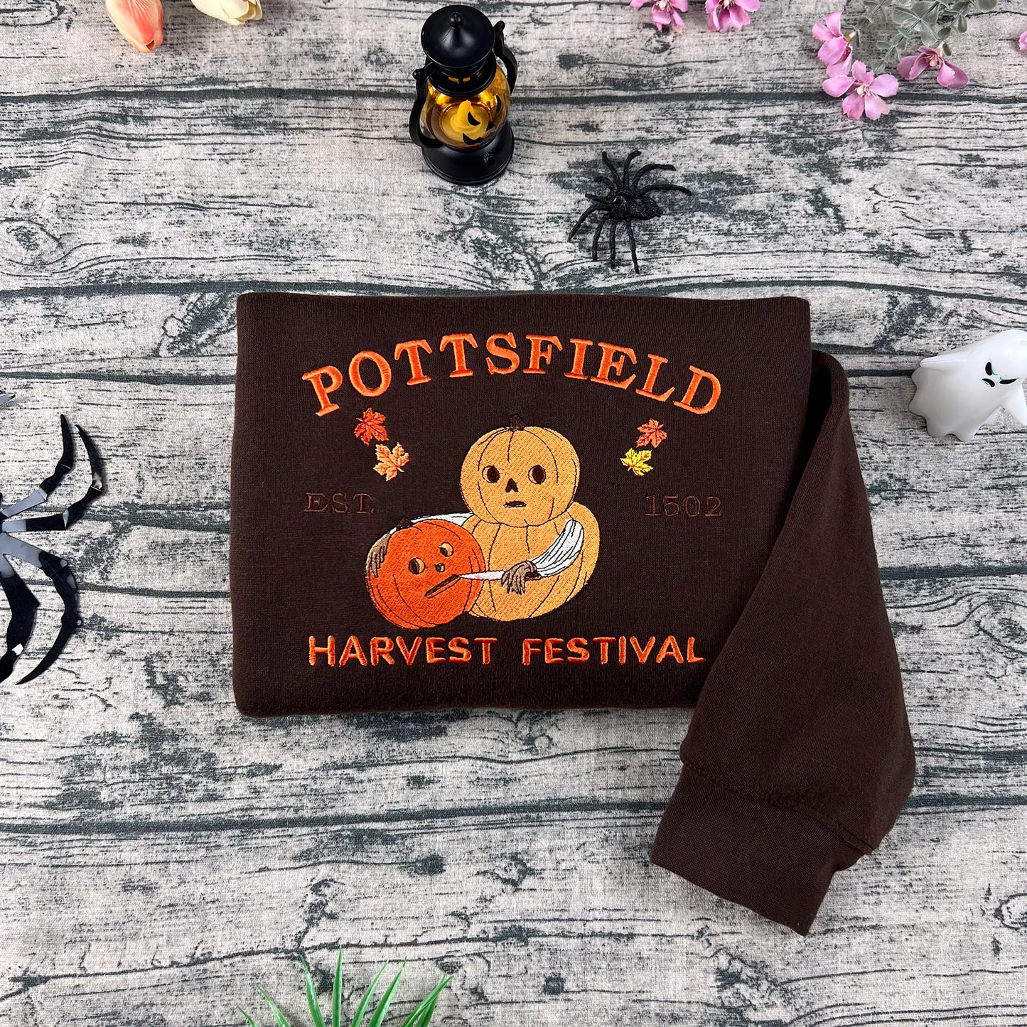 Pottsfield autumn harvest festival pumpkin sweatshirt – perfect embroidered Halloween shirt for fall lovers
