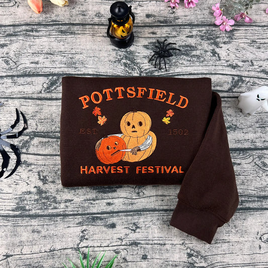 Pottsfield autumn harvest festival pumpkin sweatshirt – perfect embroidered Halloween shirt for fall lovers