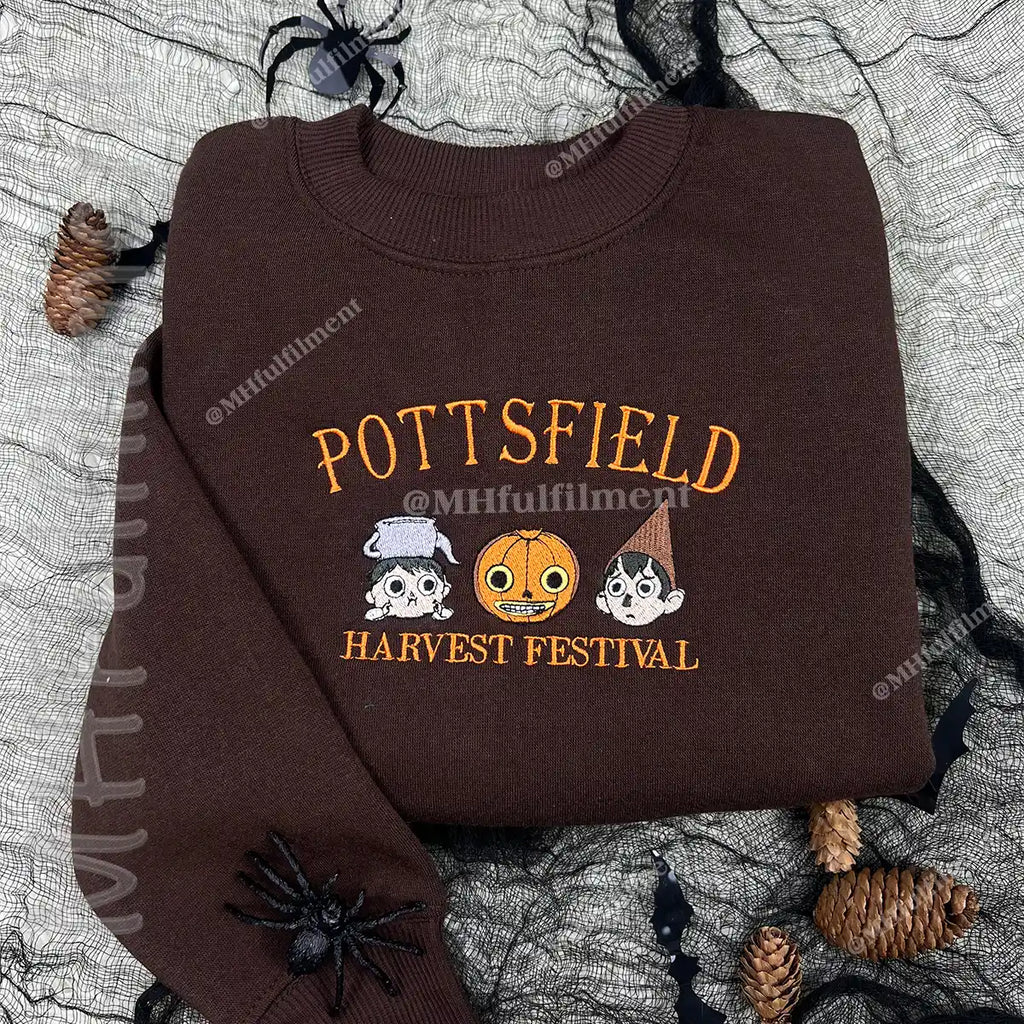 Embroidered Pottsfield Harvest Festival Sweatshirt - Gothic Halloween Pumpkin Skeleton Crewneck