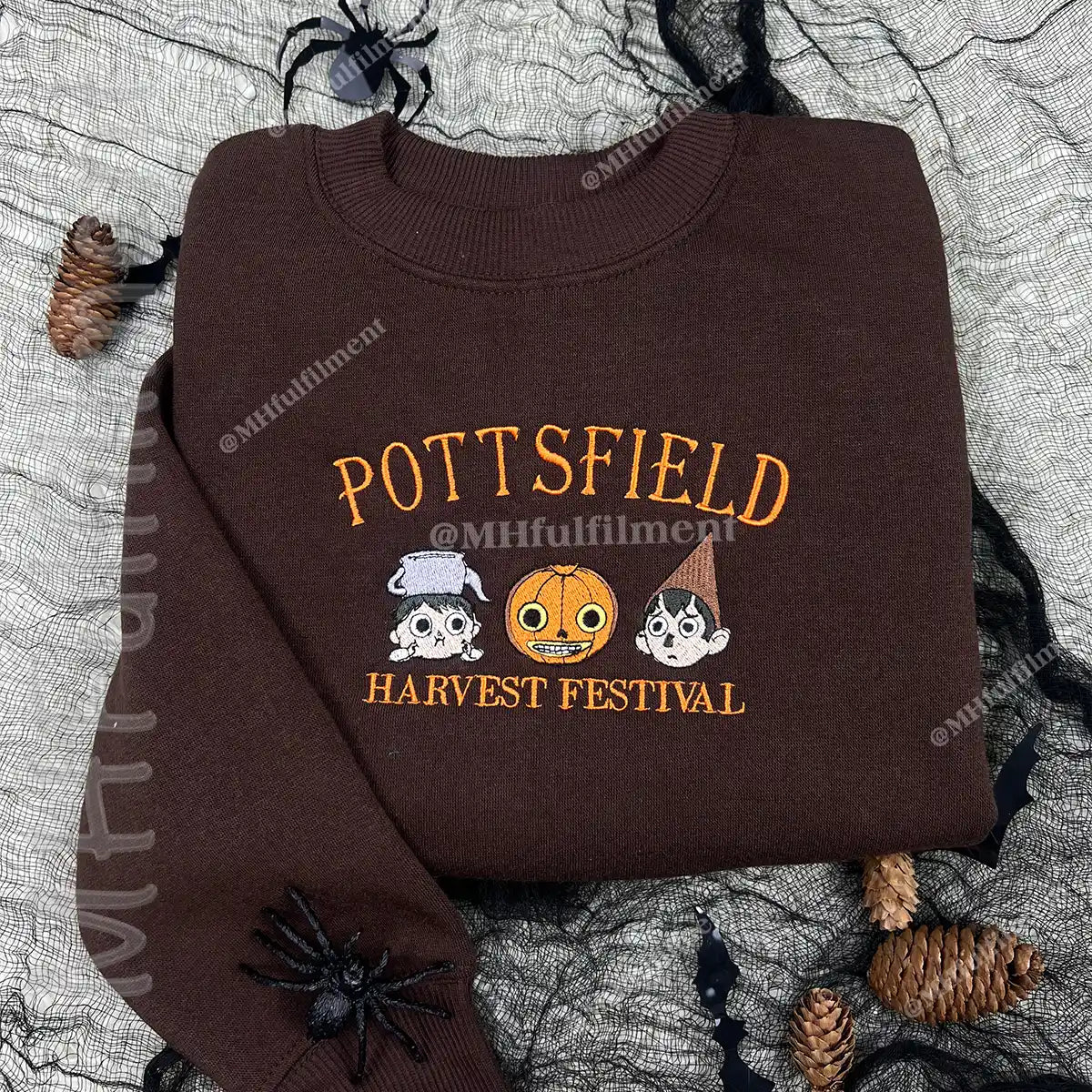Embroidered Pottsfield Harvest Festival Sweatshirt - Gothic Halloween Pumpkin Skeleton Crewneck