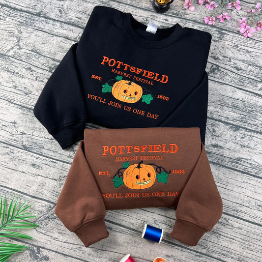 Embroidered Pottsfield Harvest Festival pumpkin sweatshirt – Over The Garden Wall Halloween shirt, spooky fall gothic skeleton tee