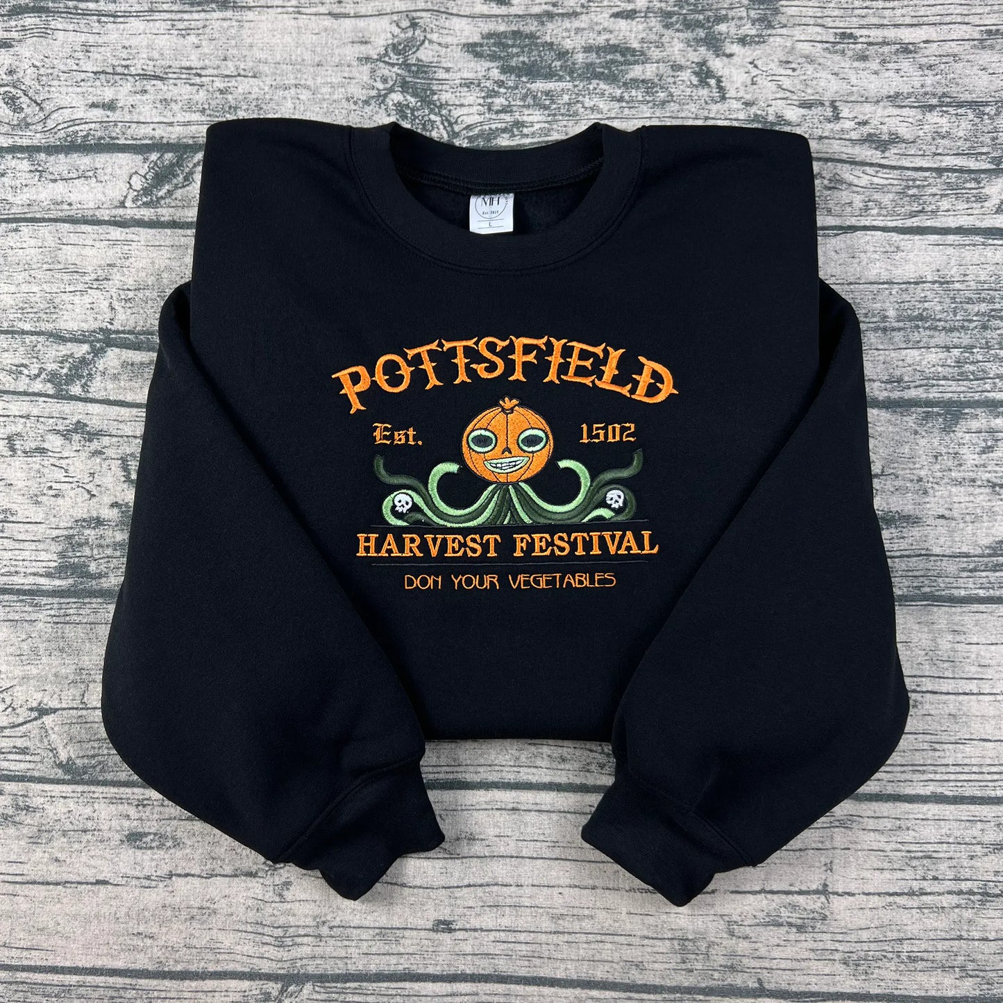 Pottsfield Harvest Festival embroidered sweatshirt – cozy Halloween fall crewneck for autumn lovers