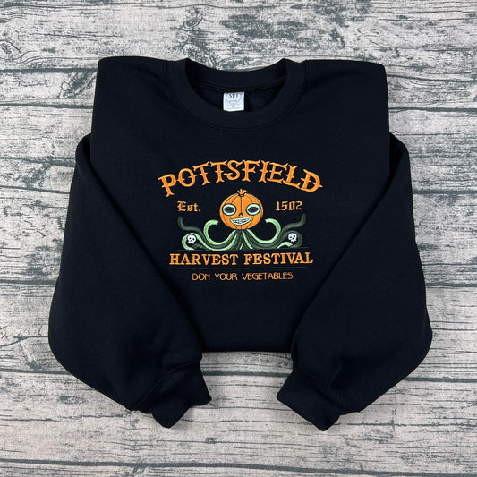 Pottsfield Harvest Festival embroidered sweatshirt – cozy Halloween fall crewneck for autumn lovers