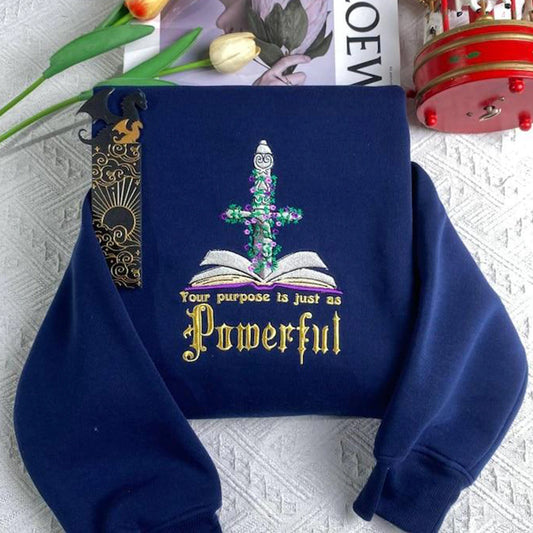 Powerful embroidered sweatshirt inspired by Powerless Lauren Roberts, cozy bookish hoodie for readers and merch collectors.