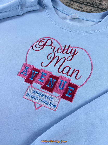 Aesthetic Pretty Man Avenue lettering on sweatshirt