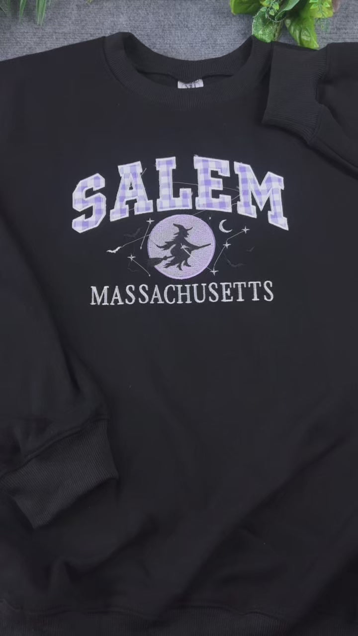 Salem Massachusetts Purple Plaid Varsity Flying Witch Embroidered Sweatshirt