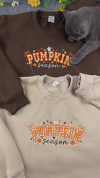 Pumpkin Season Gingham Patchwork Embroidered Dark Brown Crewneck Sweatshirt