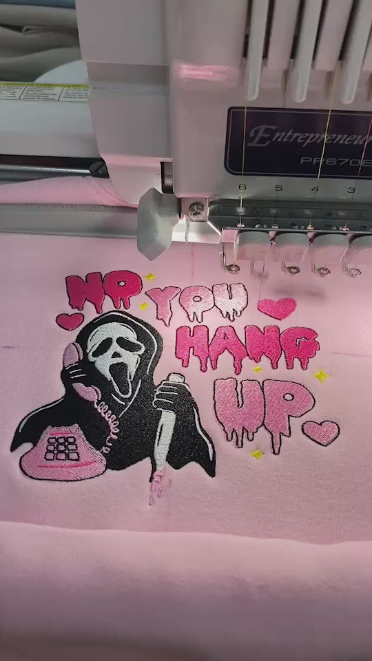 Custom embroidered pink hoodie with Scream Ghostface design and 'No You Hang Up' video