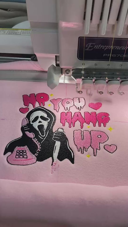 Custom embroidered pink hoodie with Scream Ghostface design and 'No You Hang Up' video