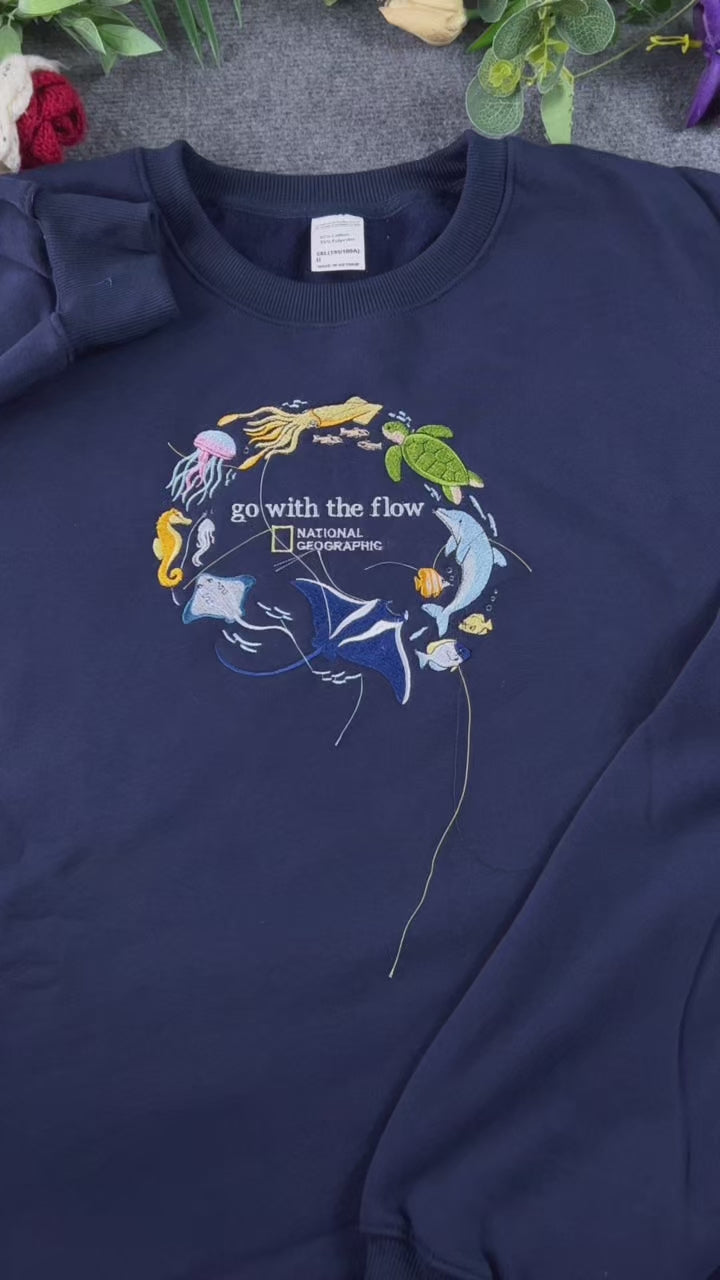 Go With The Flow Marine Life Sea Turtle Dolphin Embroidered Navy Sweatshirt