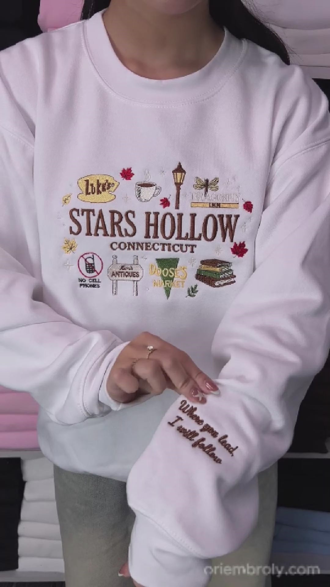 Cozy Small-Town Autumn Embroidered Crewneck Sweatshirt with Coffee & Book Design