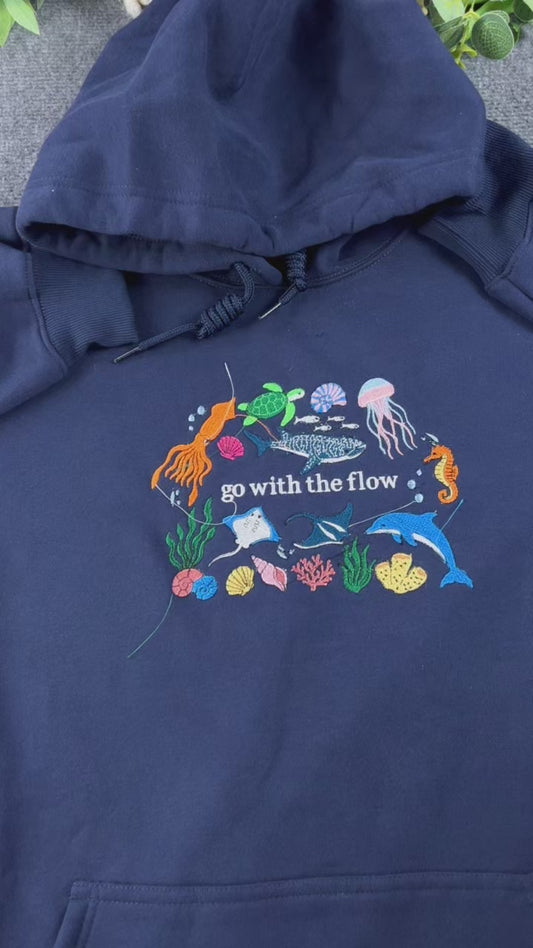 Go With The Flow Ocean Marine Life Embroidered Crewneck Sweatshirt
