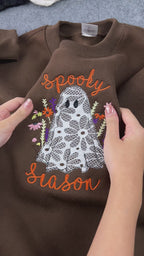Lace Ghost Embroidered Sweatshirt – Spooky Season Applique Halloween Crewneck, Brown Cozy Fleece Pullover