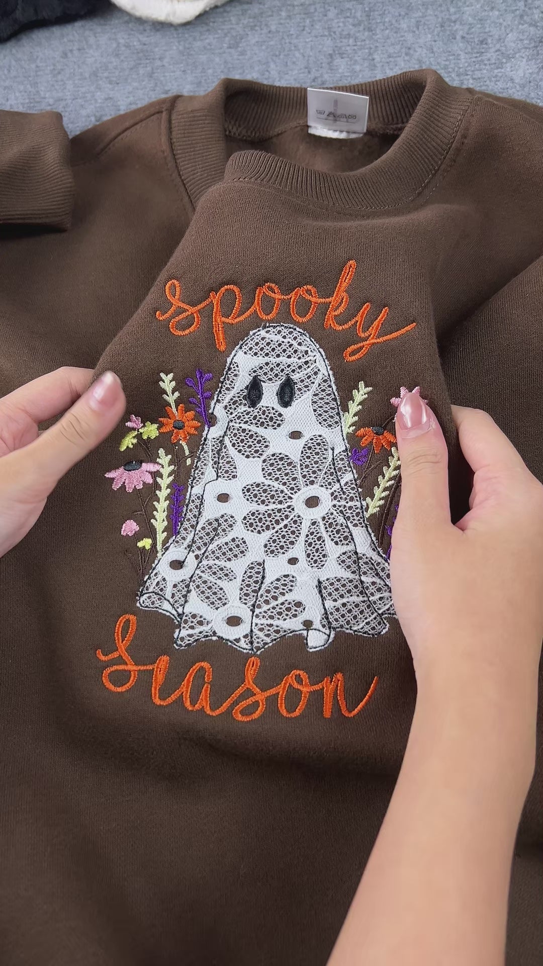Lace Ghost Embroidered Sweatshirt – Spooky Season Applique Halloween Crewneck, Brown Cozy Fleece Pullover
