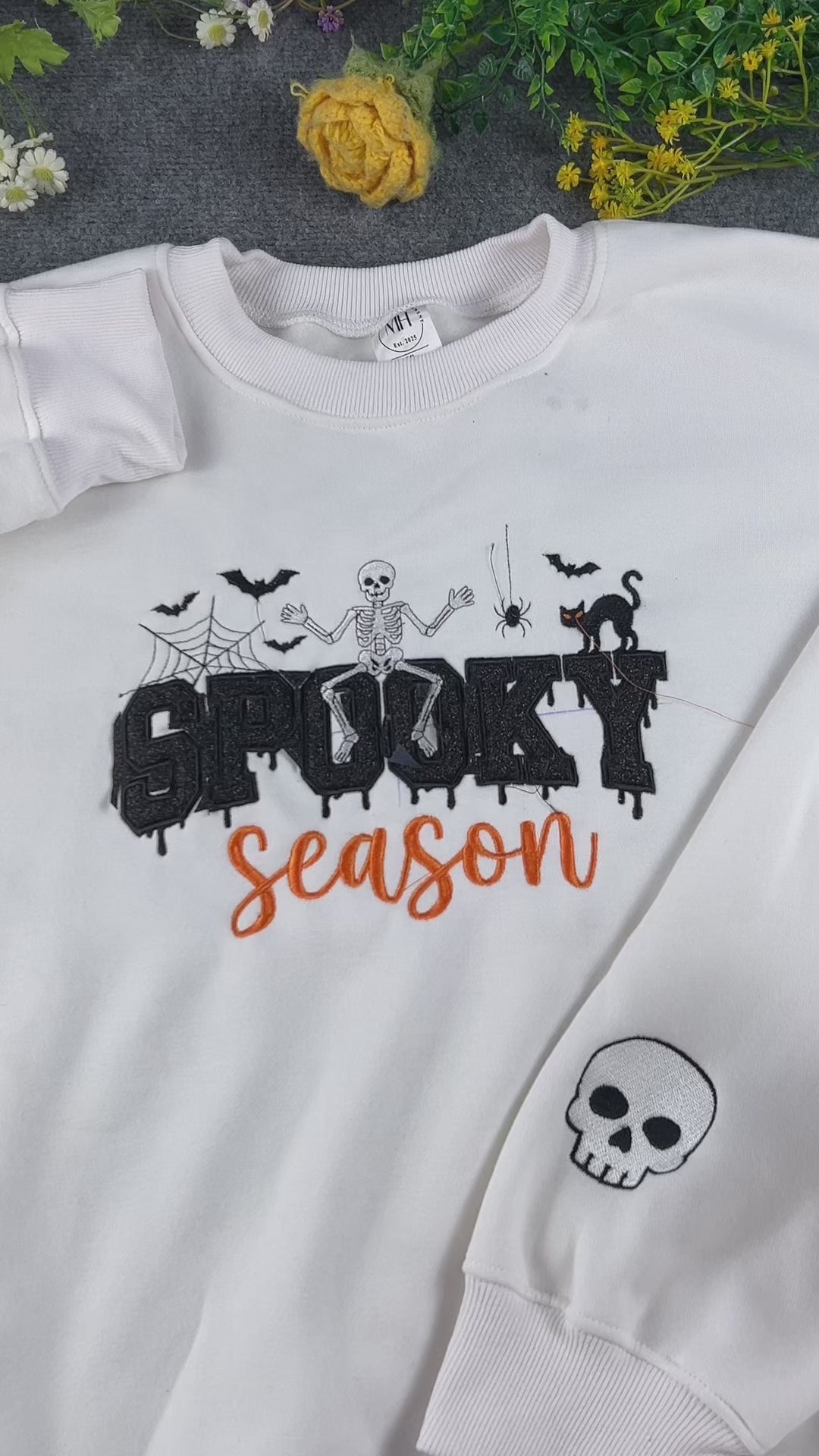 Spooky Season Skeleton Black Cat Embroidered White Crewneck Sweatshirt