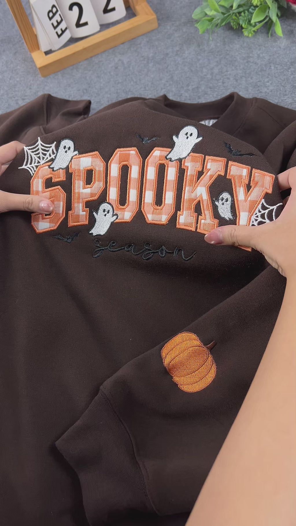 Plaid Spooky Embroidered Sweatshirt – Applique Halloween Crewneck, Cozy Chocolate Brown Fall Pullover
