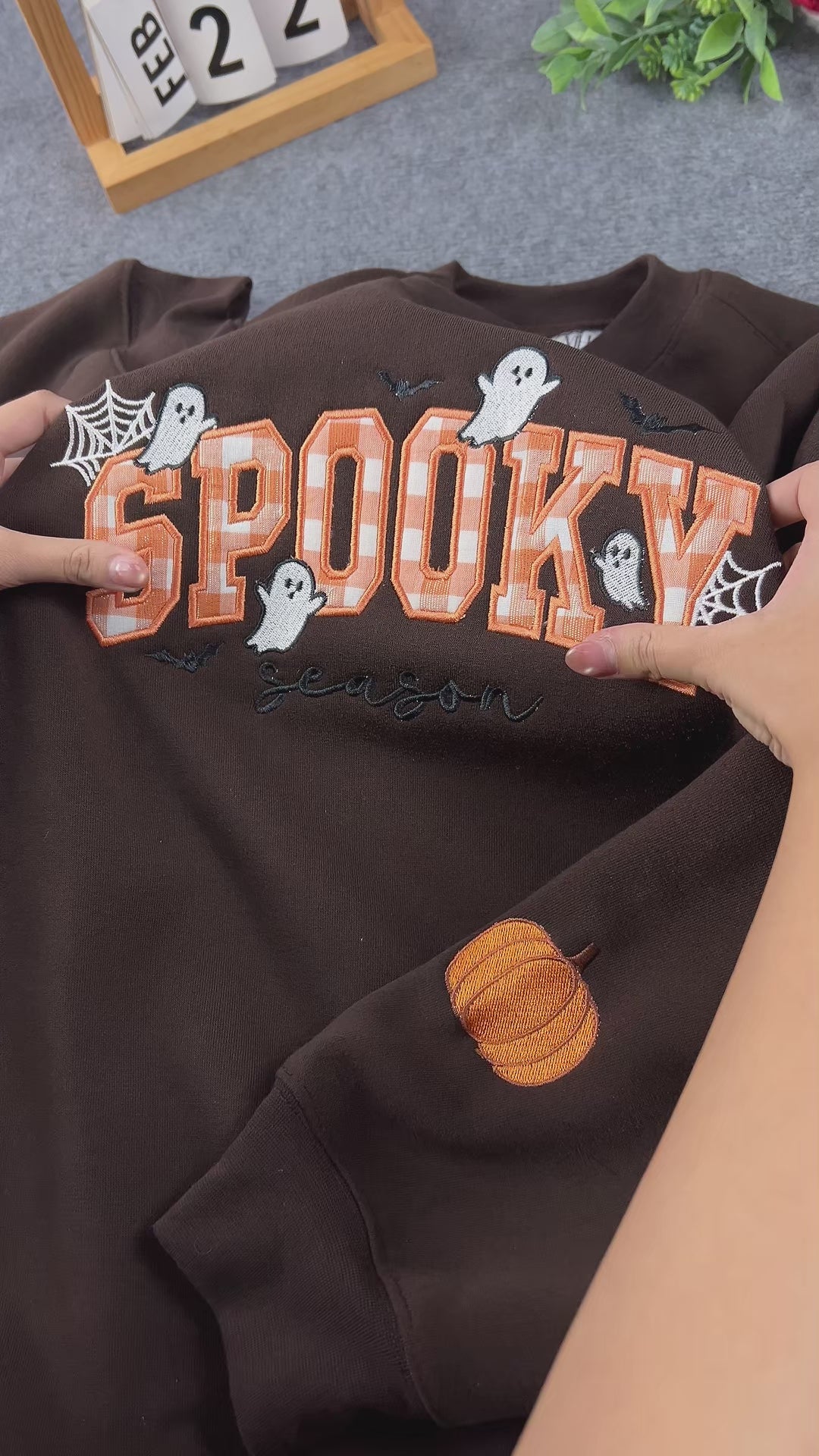 Plaid Spooky Embroidered Sweatshirt – Applique Halloween Crewneck, Cozy Chocolate Brown Fall Pullover