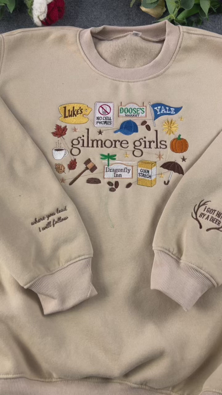 Where You Lead Deer Antler Sleeve Diner Sign Embroidered Beige Sweatshirt