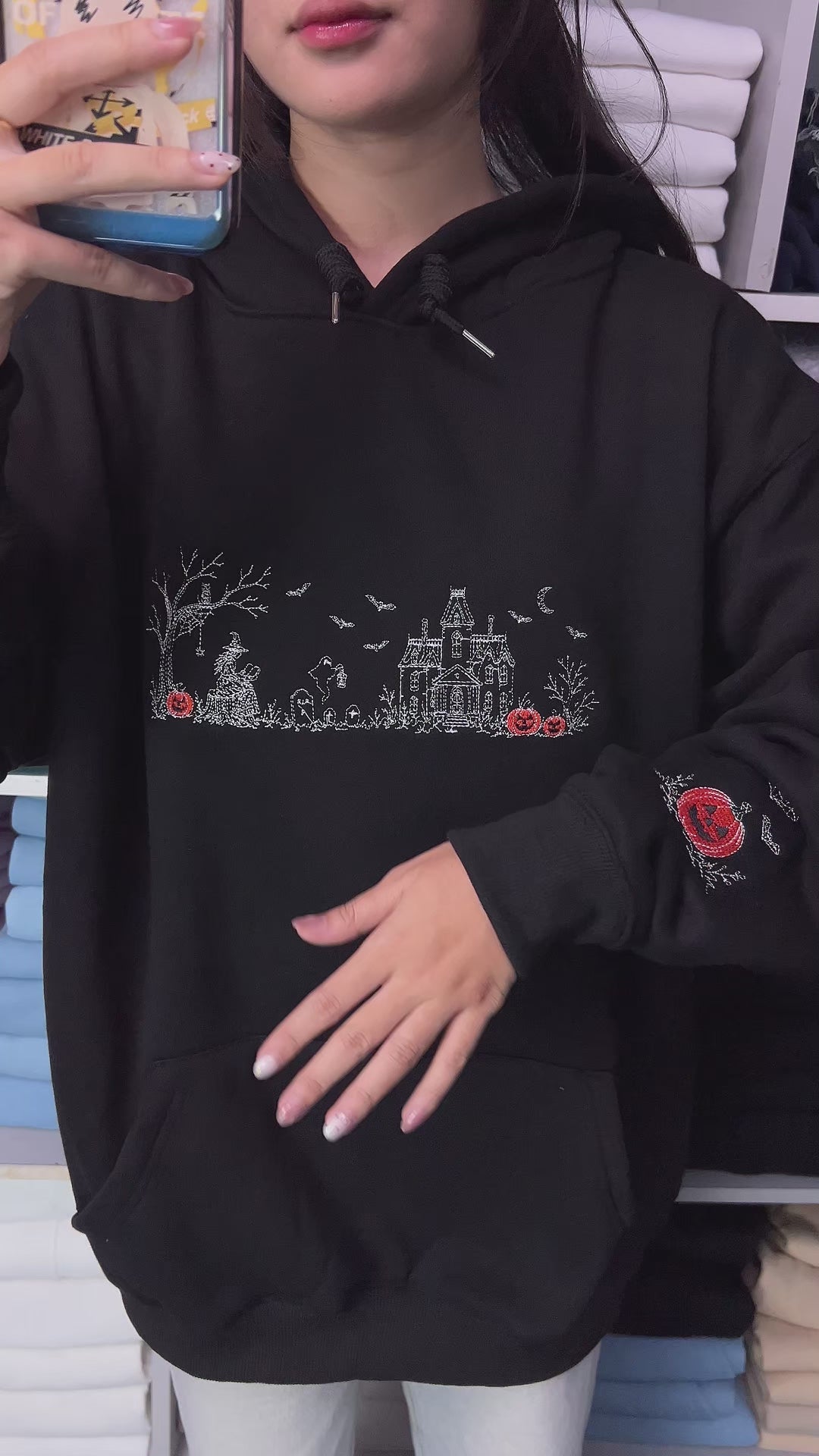 Fine line Halloween embroidery with bats, ghost, owl, and gravestones