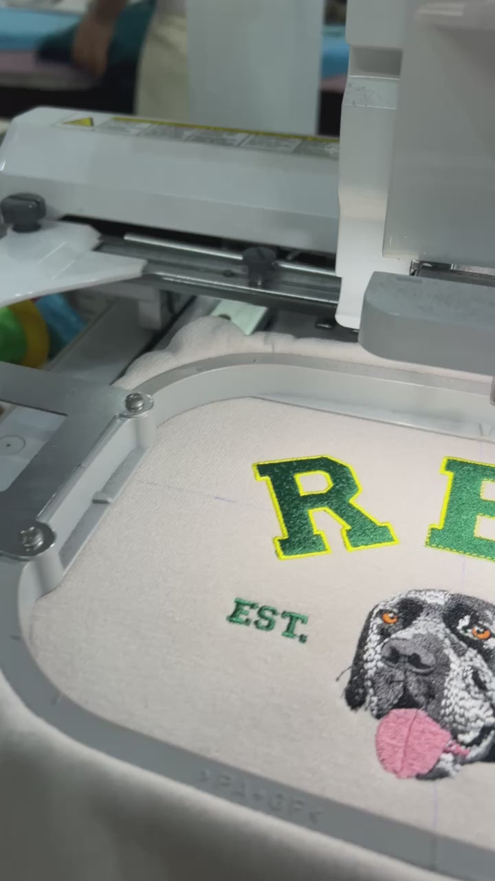Video embroidery - Personalized pet memorial sweatshirt with embroidered dog or cat portrait.