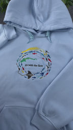 Go With The Flow Marine Life Sea Turtle Manta Ray Embroidered Light Blue Hoodie