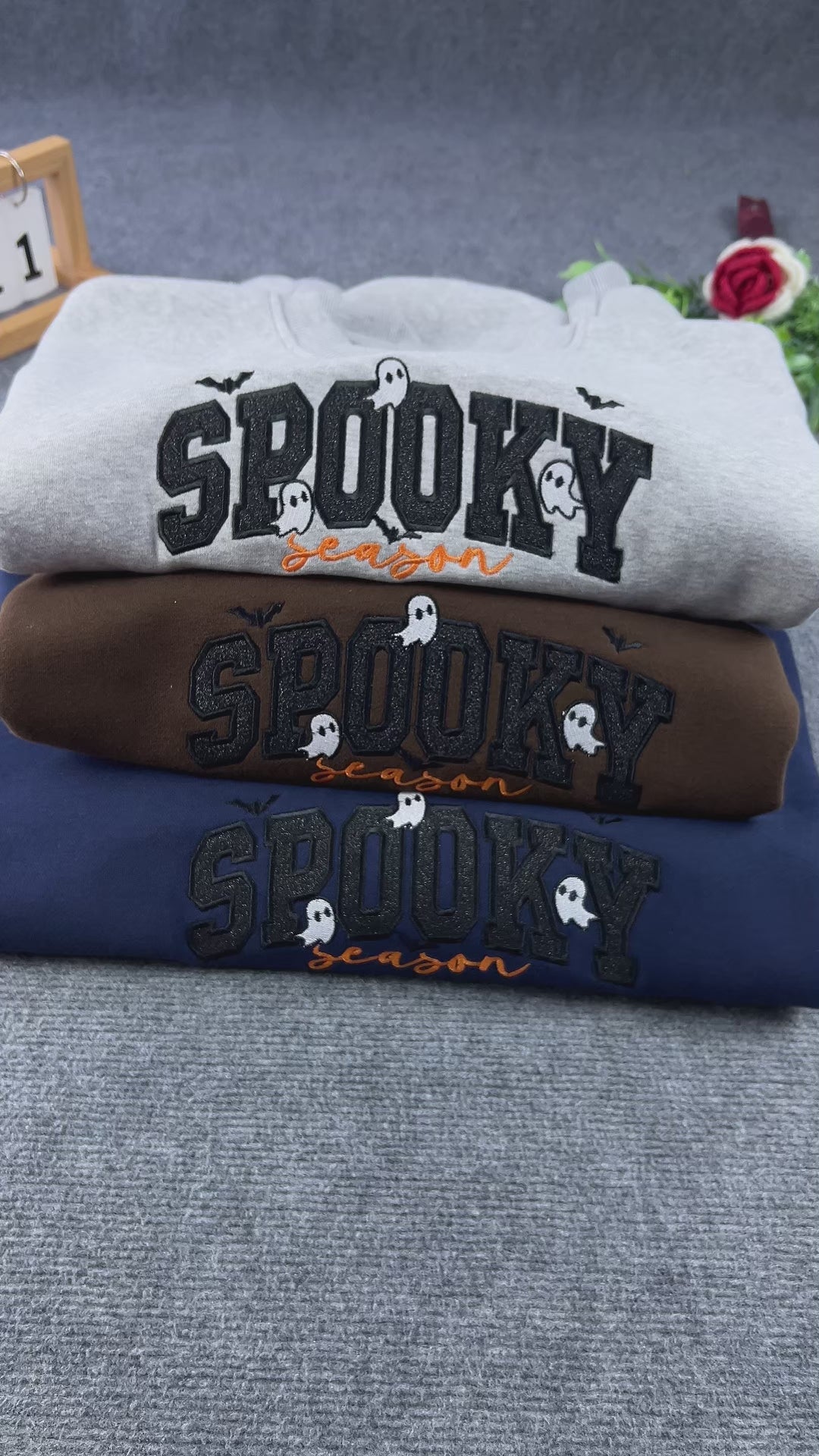Beige Halloween embroidered crewneck sweatshirt