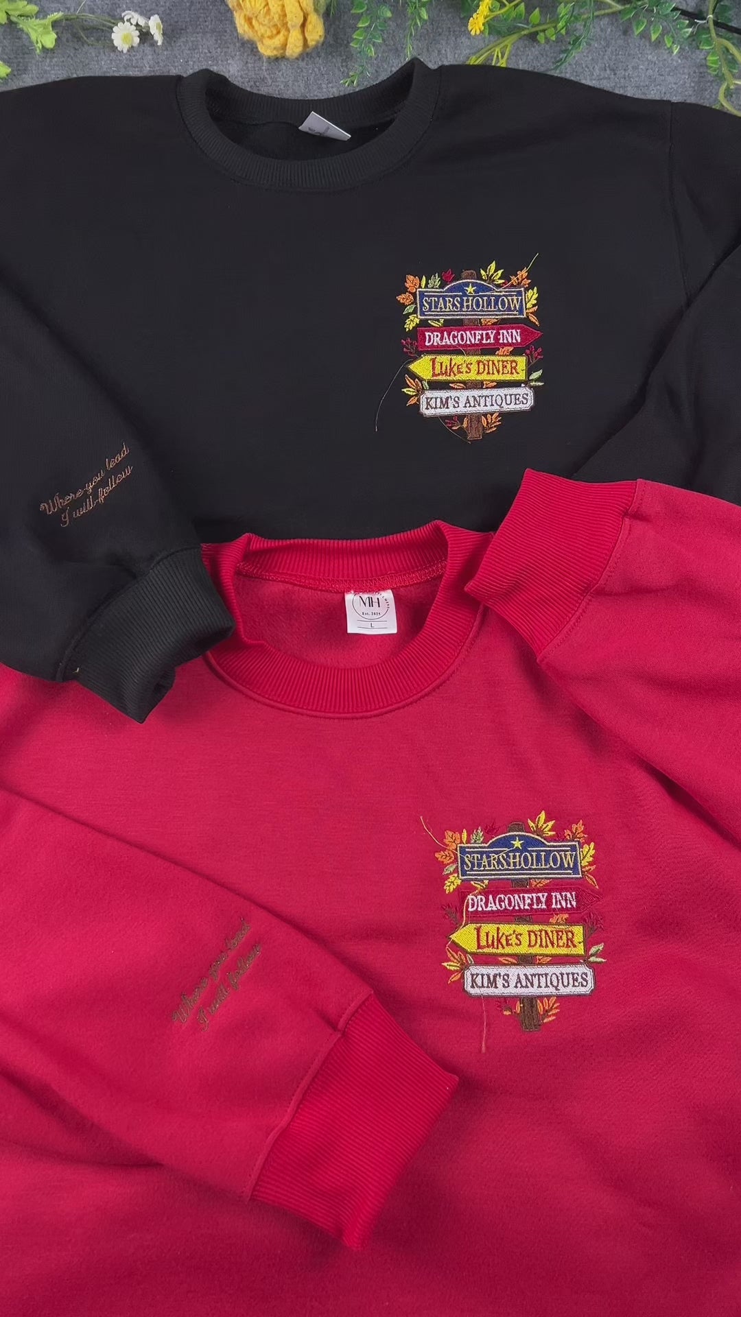 Stars Hollow Directional Signpost Embroidered Red and Black Crewneck Sweatshirt