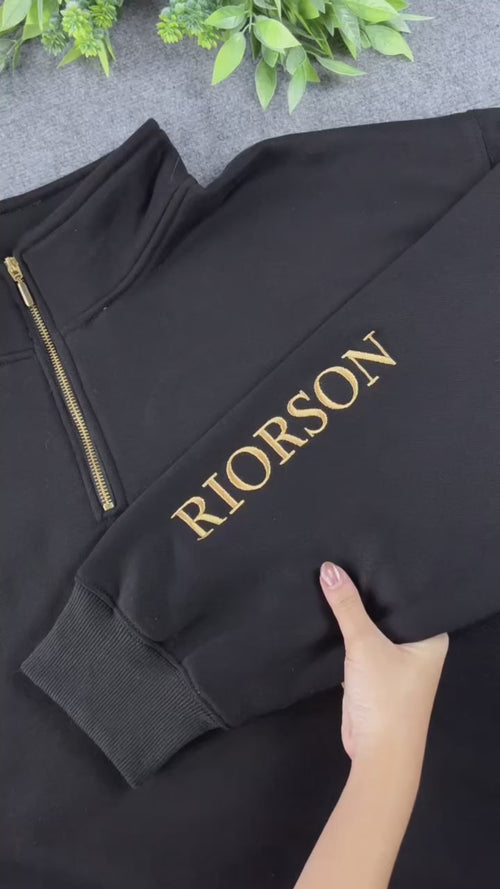 Wingleader embroidered quarter zip sweatshirt with metallic gold dragon design