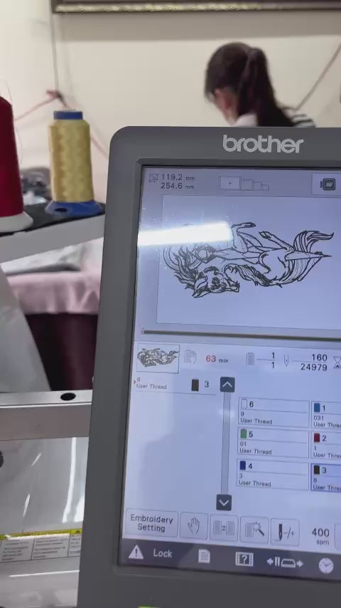 Embroidery machine stitching minimalist wolf line art design on crewneck sweatshirt