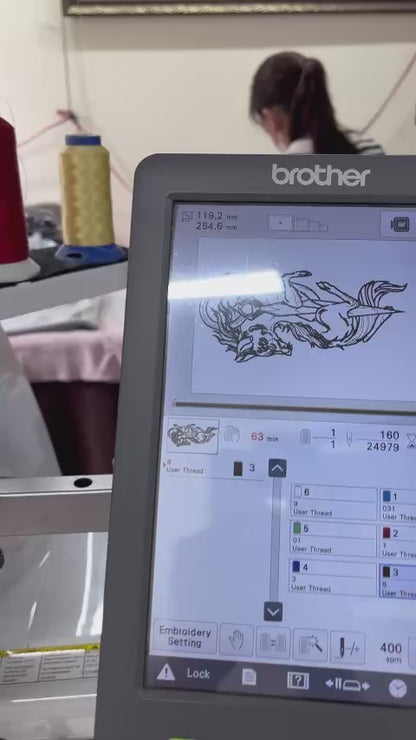 Embroidery machine stitching minimalist wolf line art design on crewneck sweatshirt