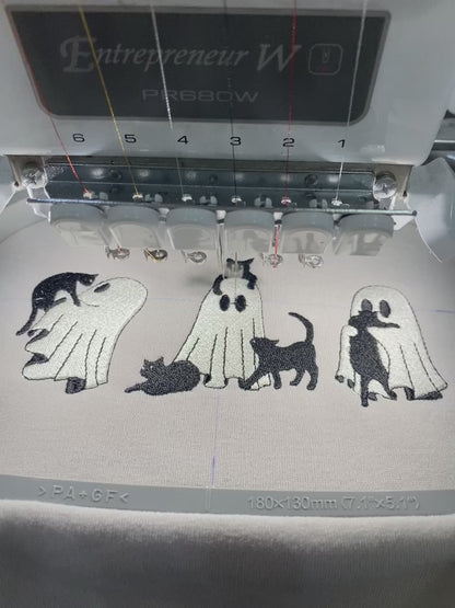 Ghost Cat Halloween Shirt Embroidered for Spooky Season