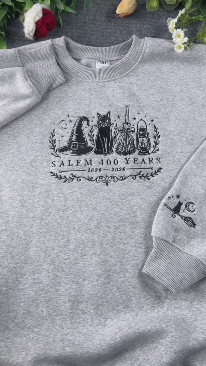 Salem 400 Years Witch Hat Black Cat Broomstick Sleeve Embroidered Grey Sweatshirt