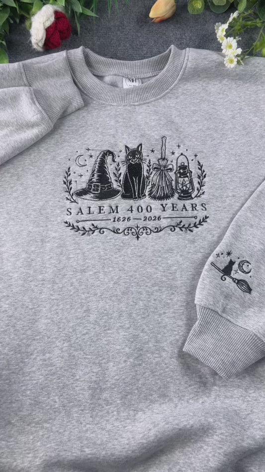 Salem 400 Years Witch Hat Black Cat Broomstick Sleeve Embroidered Grey Sweatshirt