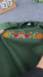 Autumn Harvest Embroidered Sweatshirt – Pumpkin Apple Fall Crewneck, Forest Green Cozy Fleece Pullover