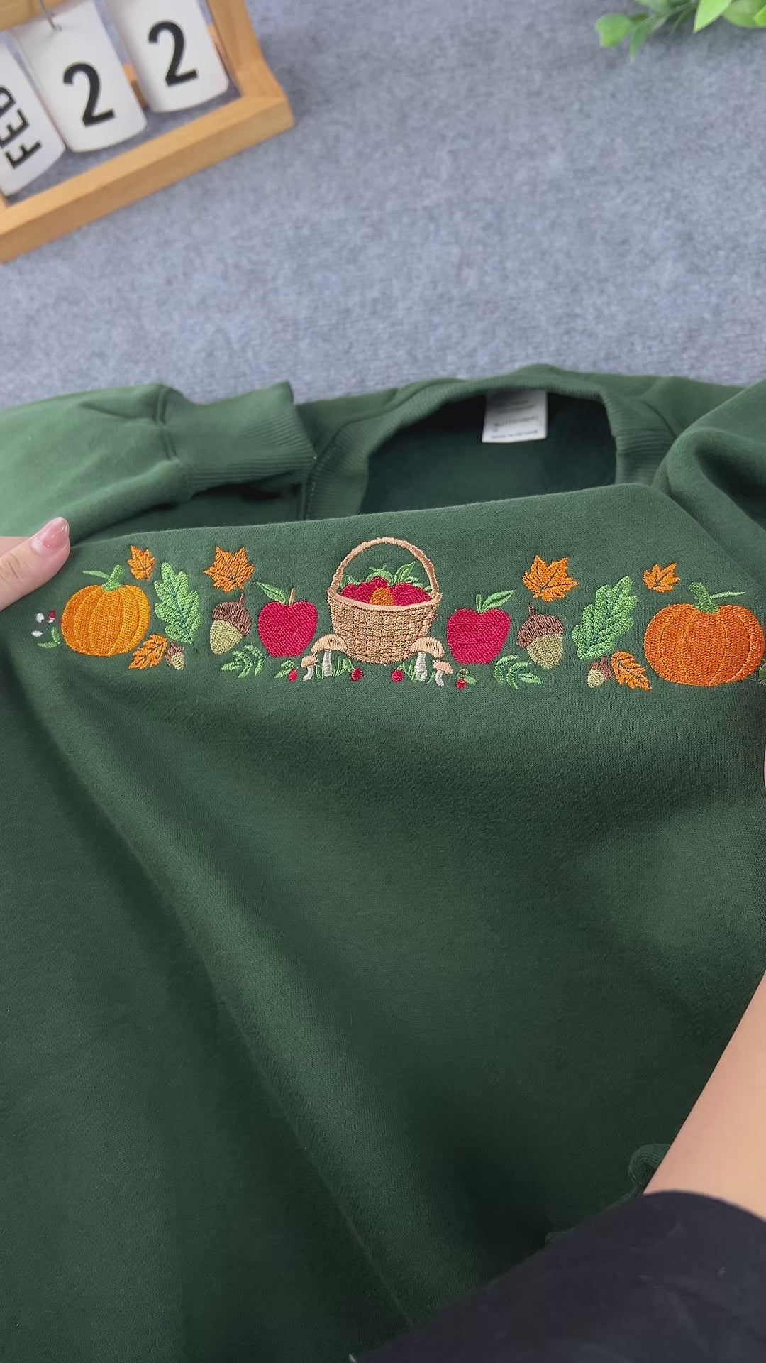 Autumn Harvest Embroidered Sweatshirt – Pumpkin Apple Fall Crewneck, Forest Green Cozy Fleece Pullover
