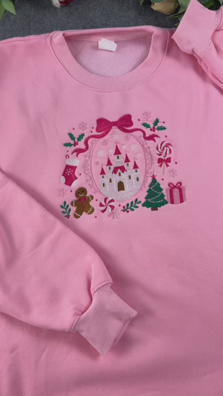 Fairytale Castle Pink Bow Ribbon Gingerbread Embroidered Sweatshirt