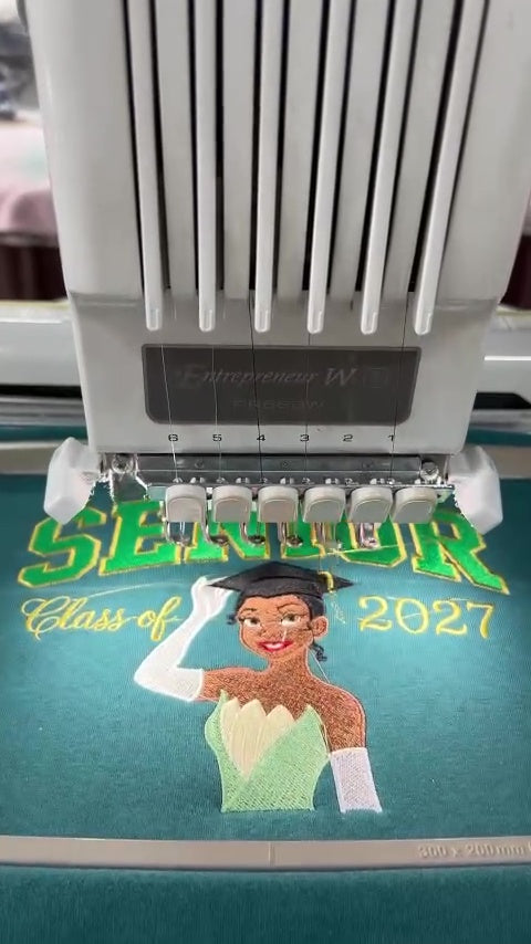 Embroidery Process Senior Class of 2027 crewneck with embroidered graduation artwork